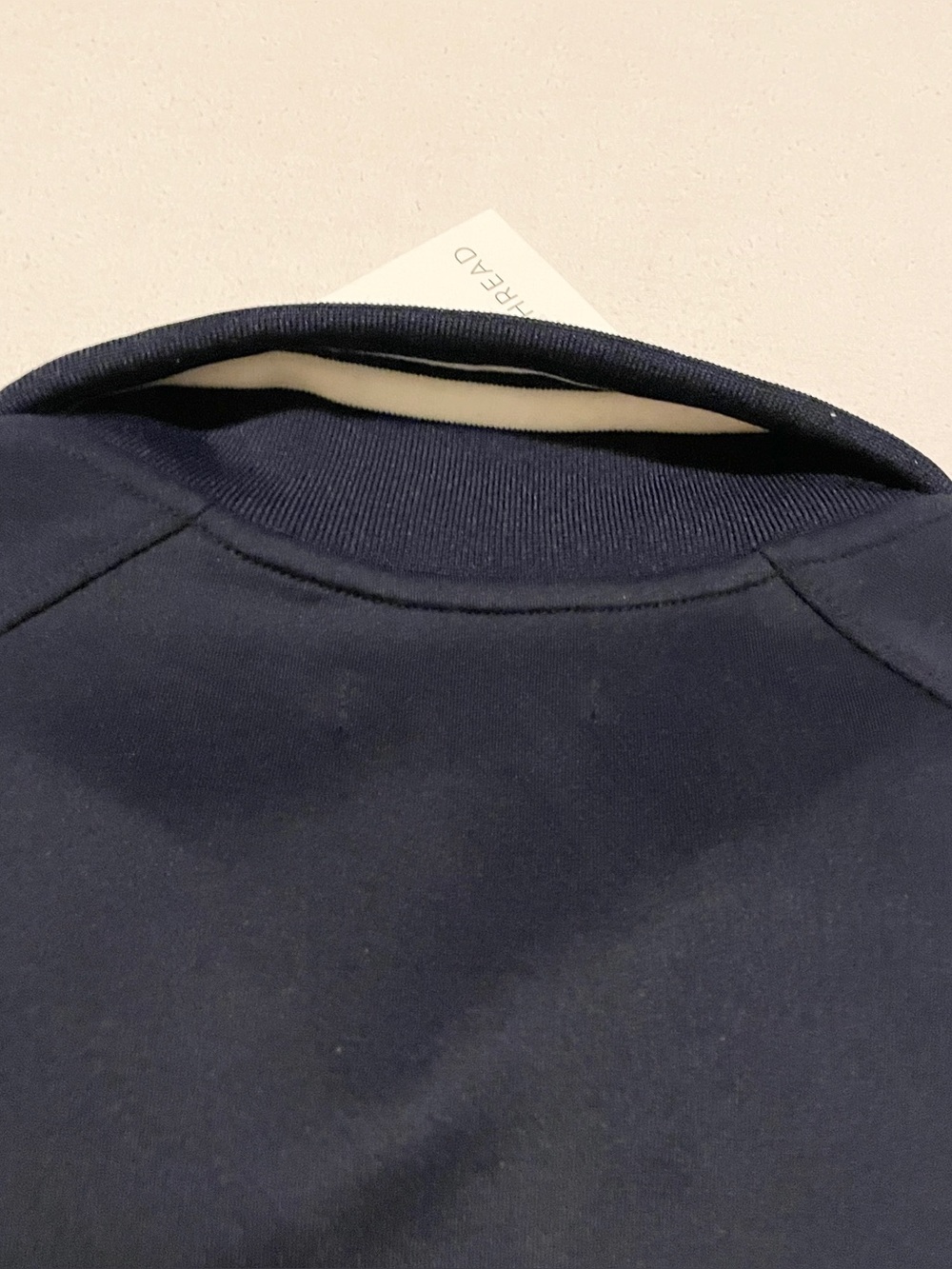 en THREAD Navy Blue Full Zip Track Jacket Sporty White Stripes Size Small Flaws - Picture 15 of 16